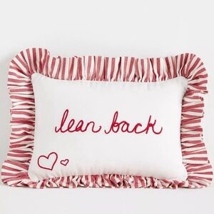 NEW Anthropologie L&Clay Cotton Embroidered Text Pillow, Lean Back, 8x12”